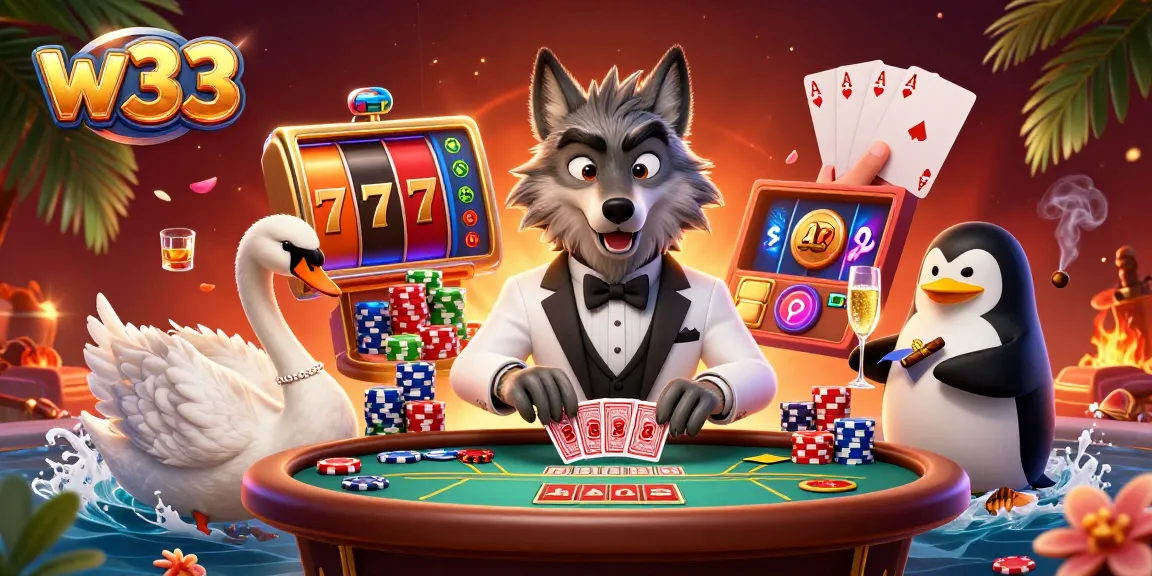 Experience thrilling w33 pokies with colorful slot reels and vibrant characters in an engaging casino scene.