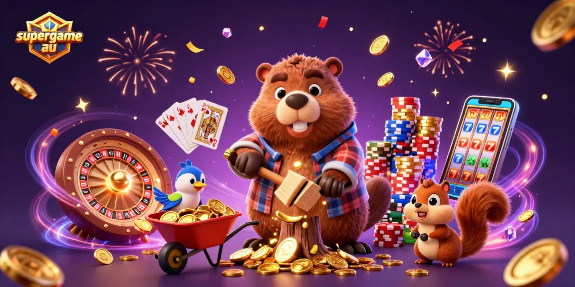 Engaging 3D scene with supergame au elements featuring cartoon characters interacting with vibrant casino icons.