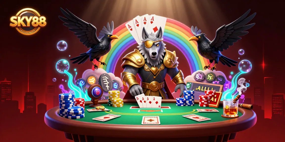 Experience the thrill of SKY88 with a vibrant poker scene featuring mythological characters and casino elements.