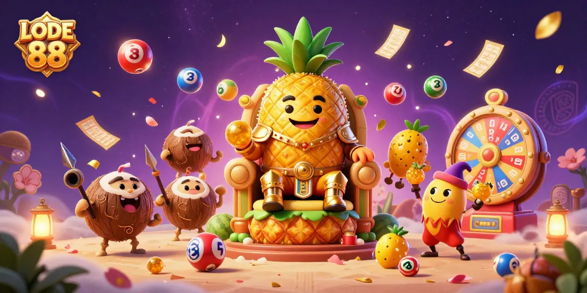 Engage with LODE 88's vibrant beach casino featuring a golden pineapple king, dynamic lottery elements, and winning games.