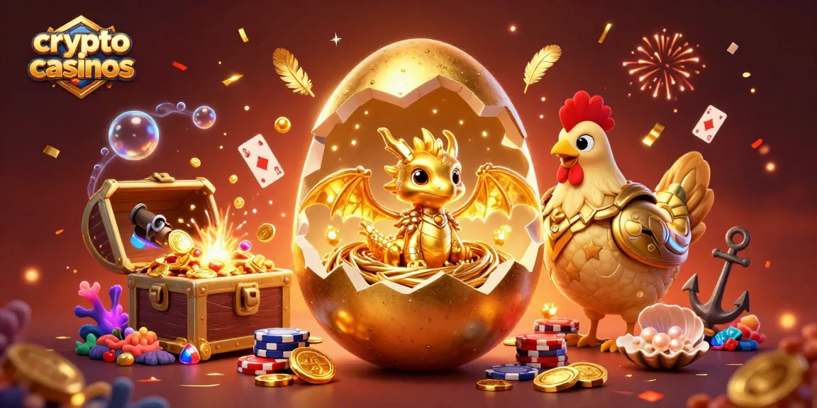 Profitez des crypto casinos avec une illustration vivante d'un œuf doré, un dragon et des jetons au milieu d'une scène festive.