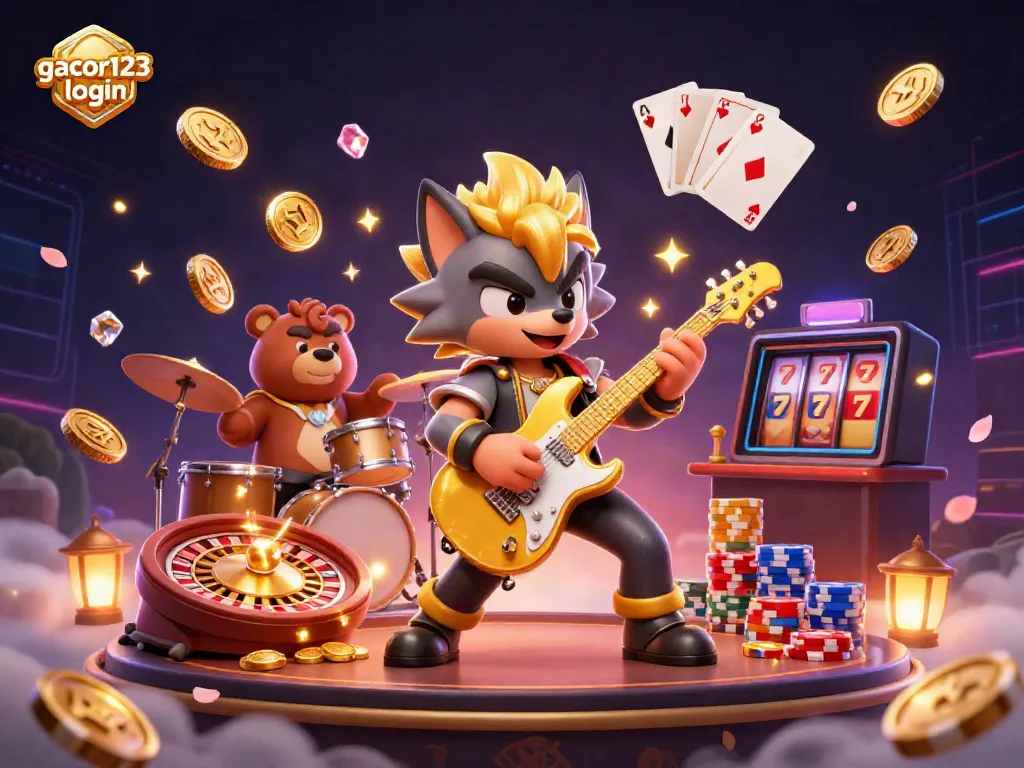 Experience thrilling wins at gacor123 login with a vibrant 3D casino scene filled with dynamic gaming elements.