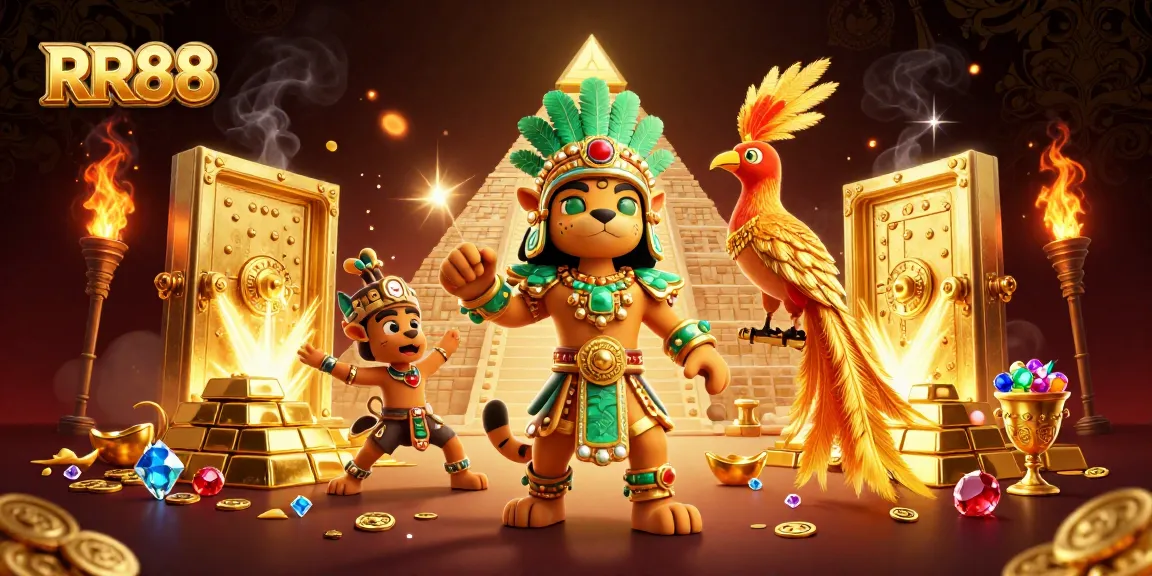 Experience the thrill of RR88 with a vibrant 3D illustration showcasing treasures and casino excitement.