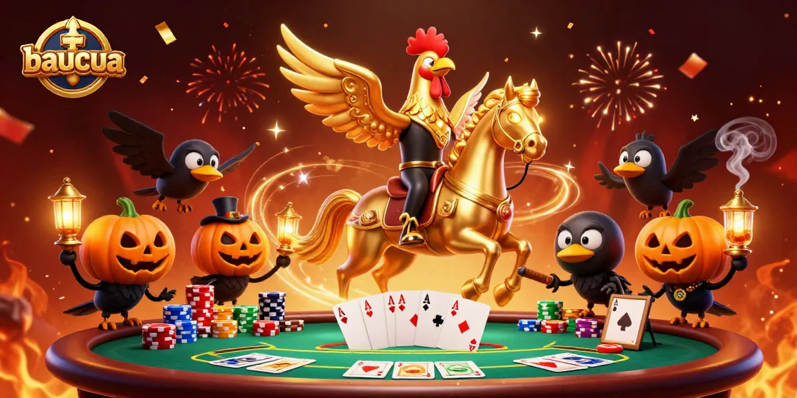 Experience the baucua game's excitement with the golden rooster in a vibrant casino scene
