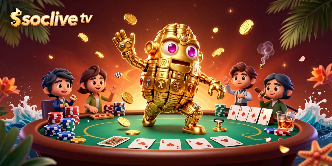 Socolive TV offers a vibrant casino atmosphere featuring a golden golem and poker action.