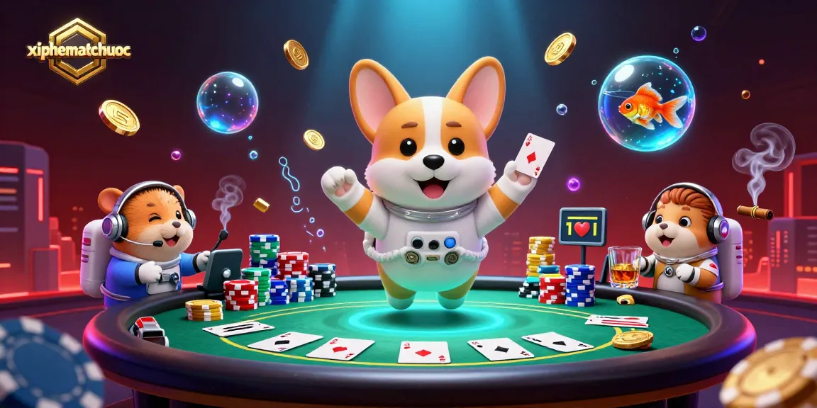 Engage in thrilling xiphematchuoc action inside a vibrant casino with floating characters and chips.