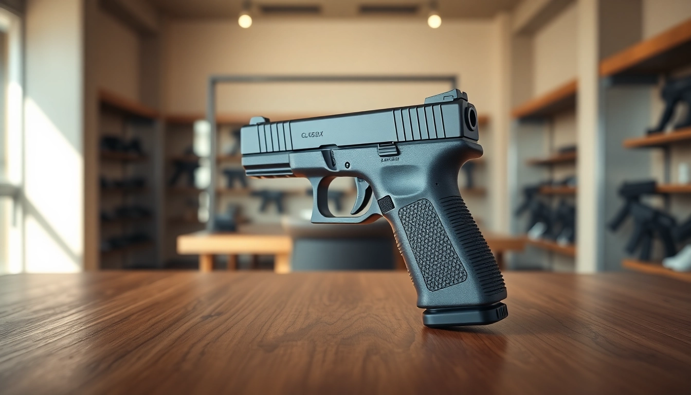 Showcasing the glock 43x mos pistol on a polished surface highlighting its sleek design.