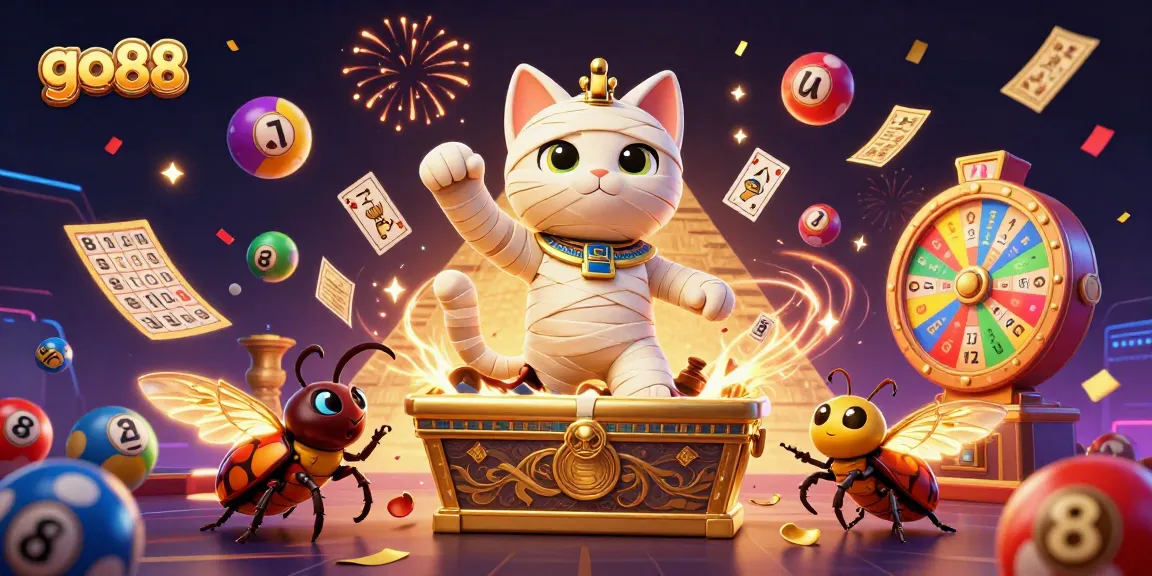 Experience gaming fun with go 88, featuring an Egyptian mummy cat and vibrant lottery elements.