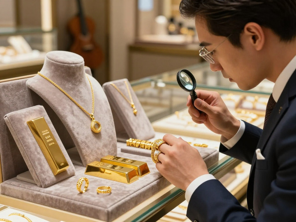 mantra88 gold jewelry display showcasing 24K and 22K pieces with a customer examining a bracelet.