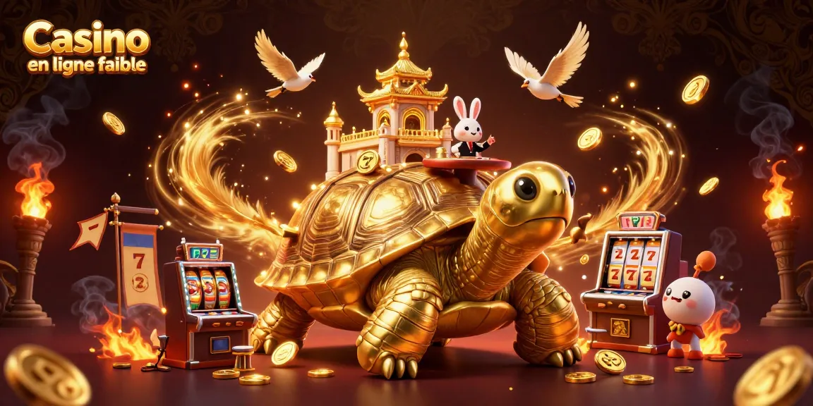 Win big at Casino en ligne fiable with vibrant 3D illustration of golden tortoise, rabbit dealer, and casino treasures.