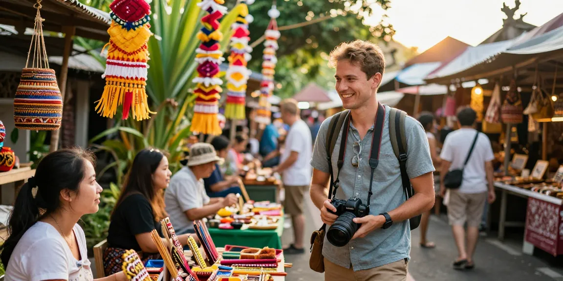 Joyful traveler at NAGA2000 cultural festival in Bali, Indonesia, engaging with local artisans.
