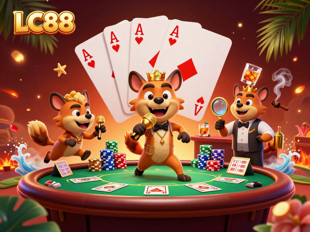 LC88 hyenas deliver comedy in a vibrant casino scene with poker action and colorful chips.