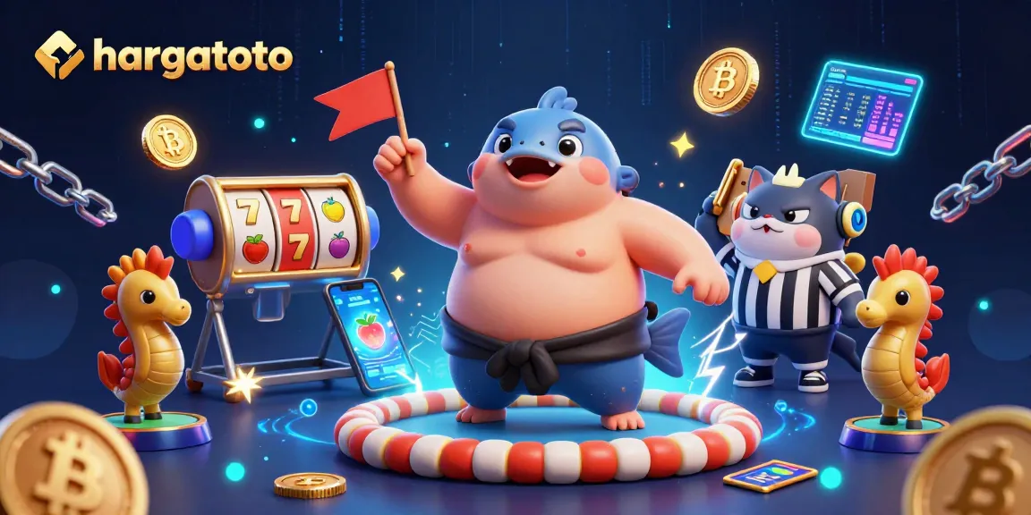 Engage with hargatoto's thrilling slot games featuring a vibrant underwater scene with a fugu, catfish referee, and joyful spectators.