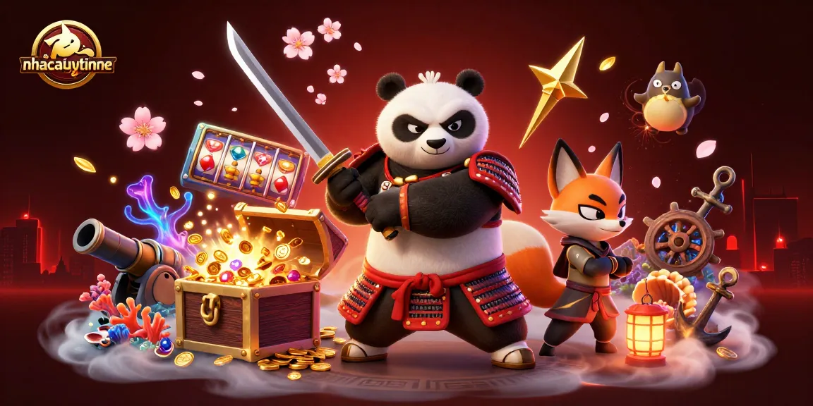 nhacaiuytinne showcases a vibrant online casino scene with samurai panda and ninja fox, enhancing gaming excitement.