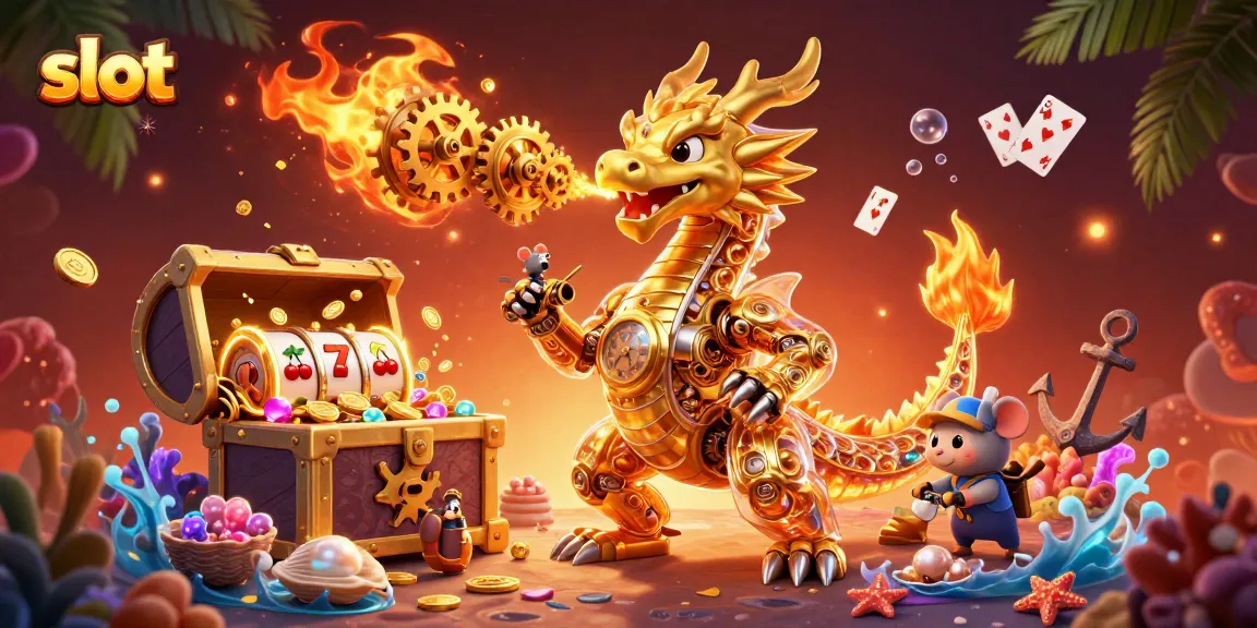 Engage with slot gaming action featuring a golden dragon and vibrant treasures.