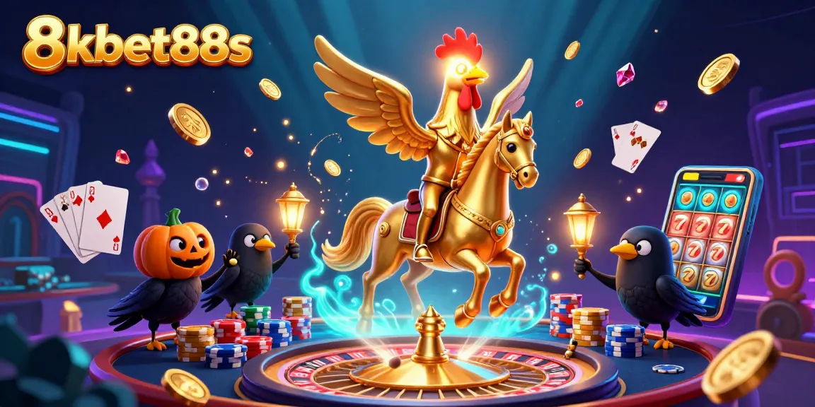 Experience the thrills of 8kbet88s with a captivating casino scene featuring a golden rooster and dazzling game elements.