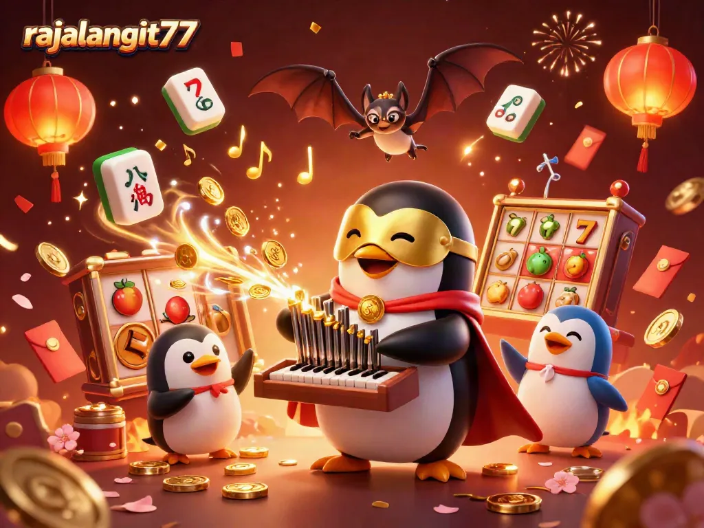 Gambar ilustrasi 3D rajalangit77 menampilkan penguin opera bermain organ dengan koin emas berterbangan.