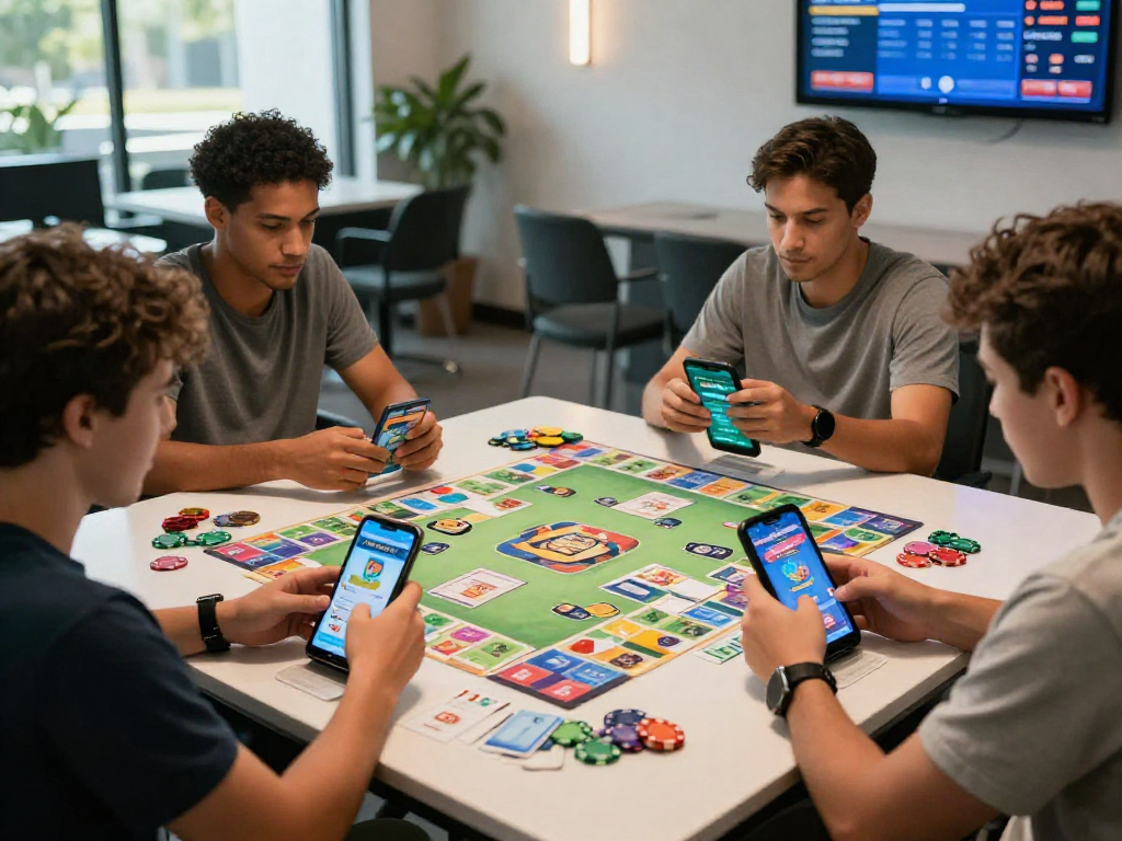 Engaged players enjoying ramble rummy matches on mobile devices, vibrant gaming atmosphere with fast-paced gameplay.