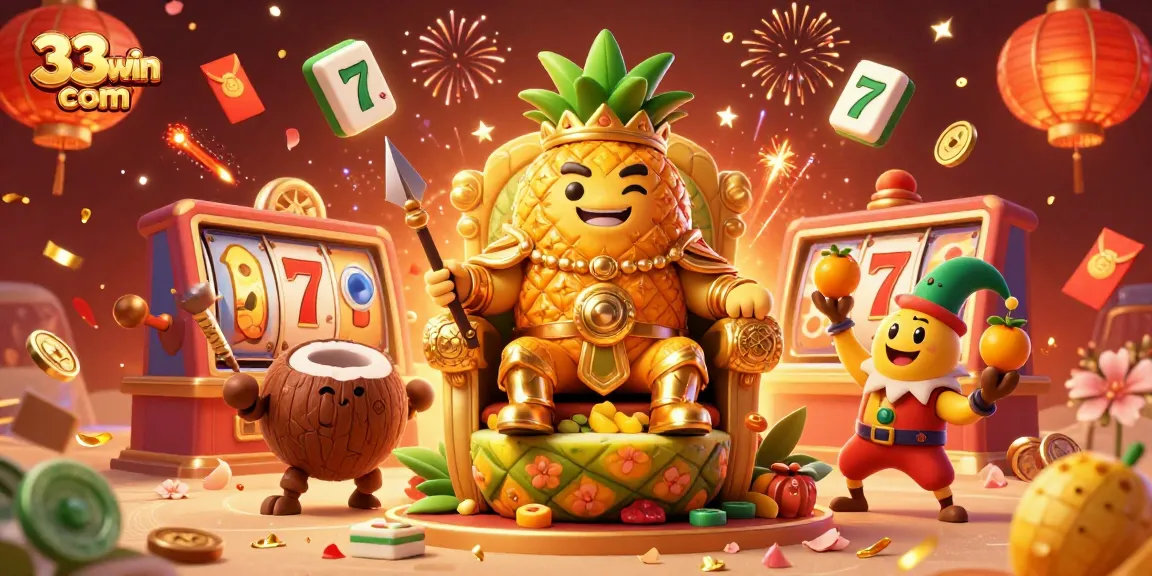 Experience excitement at 33win com with a lively casino scene featuring a golden pineapple king.