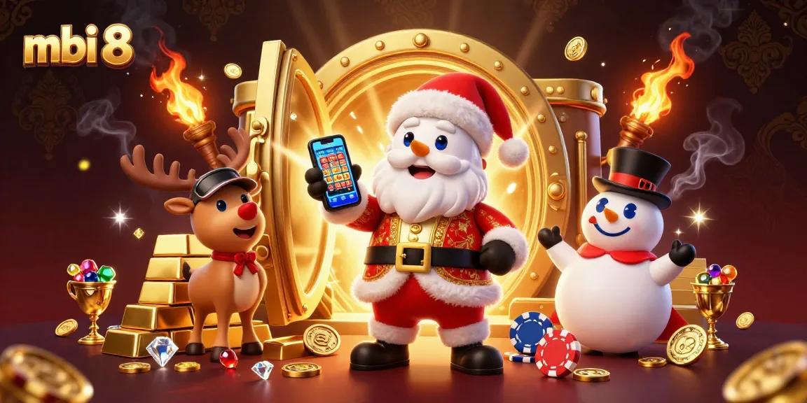 Spin the reels at mbi 8 with Santa, his reindeer dealer, and a poker chip snowman amidst dazzling riches.