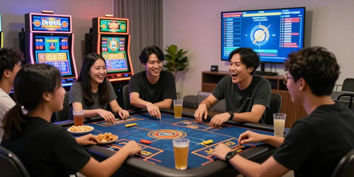 Diverse friends enjoying game night at home with situs slot qris on display and vibrant slot machines.