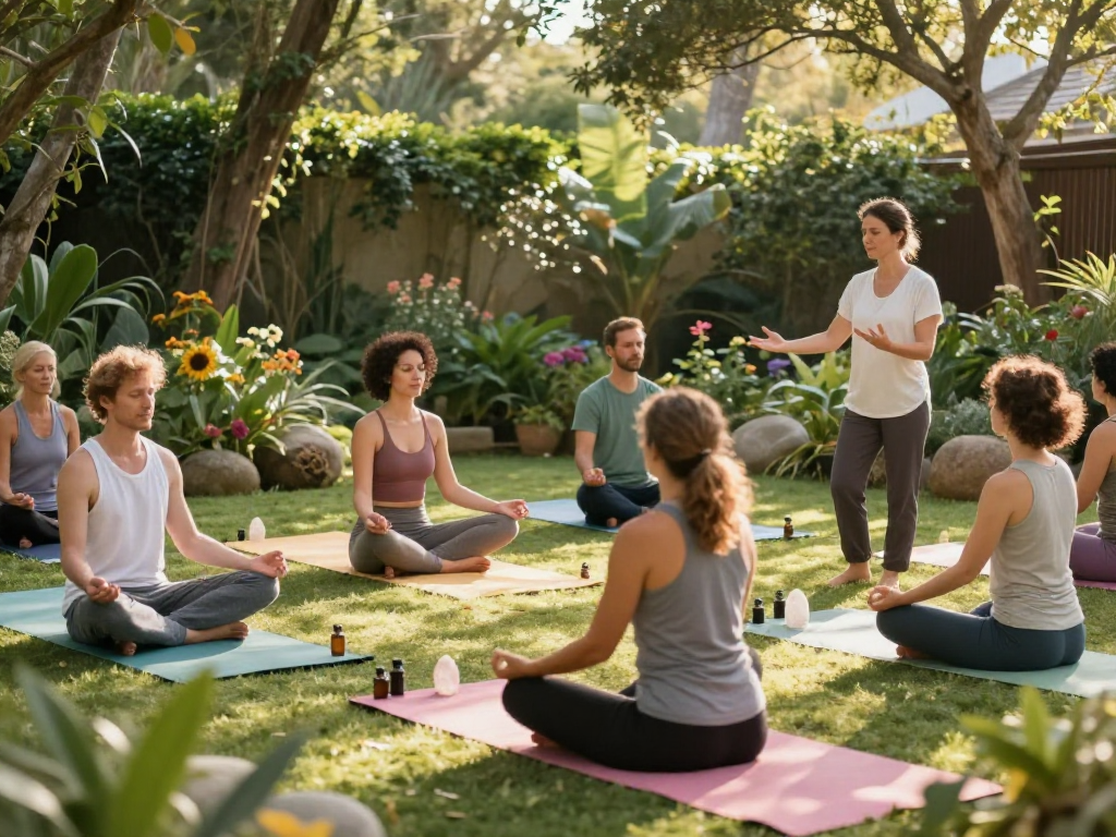 Group practicing mantra88 meditation in a serene garden.
