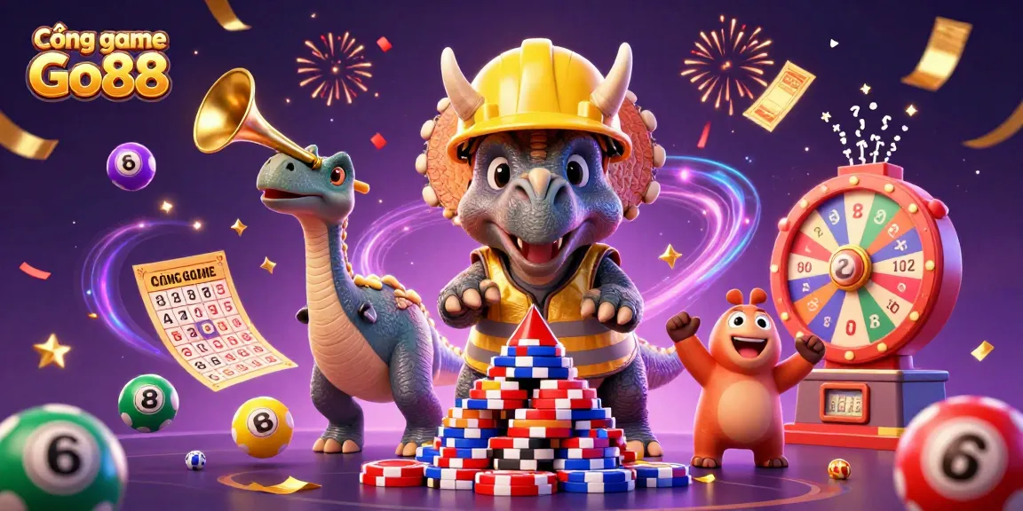 Cổng game Go88 features a triceratops and parasaurolophus celebrating amidst vibrant casino elements in 3D.