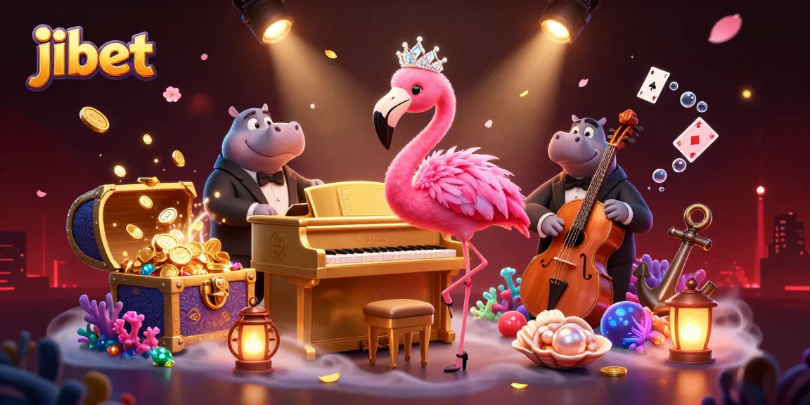 Join the fun at jibet, with vibrant gaming action featuring a flamingo singer, hippo bassist, and casino treasures.