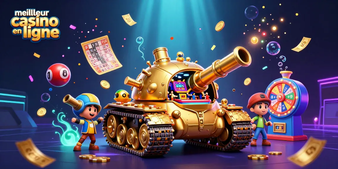 Admirez le meilleur casino en ligne avec un tank doré géant ouvrant sur un mini-casino animé, entouré de confettis et de balles de loterie.
