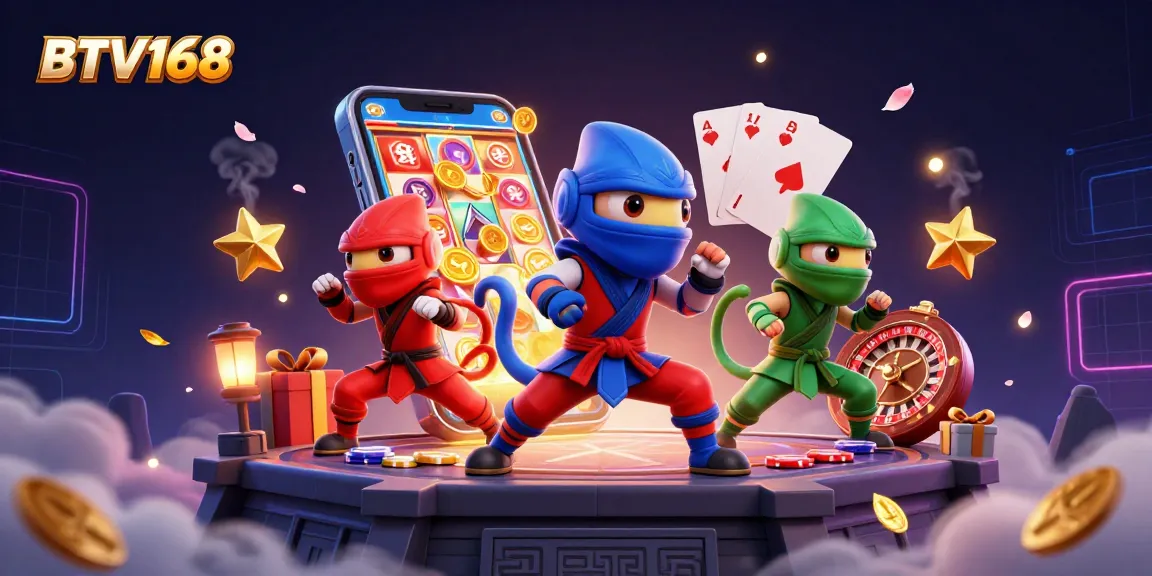 BTV168 showcases a dynamic ninja chameleon team amidst vibrant slot games and casino elements.