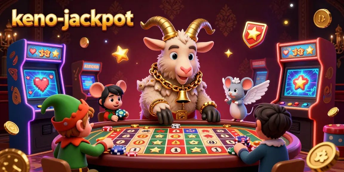 Keno-jackpot casino scene showcasing a lively Krampus goat managing games, while gremlins steal poker chips.