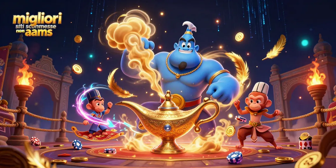 Scopri i migliori siti scommesse non AAMS con un genio che emerge da una lampada magica, circondato da monete e oggetti da gioco.