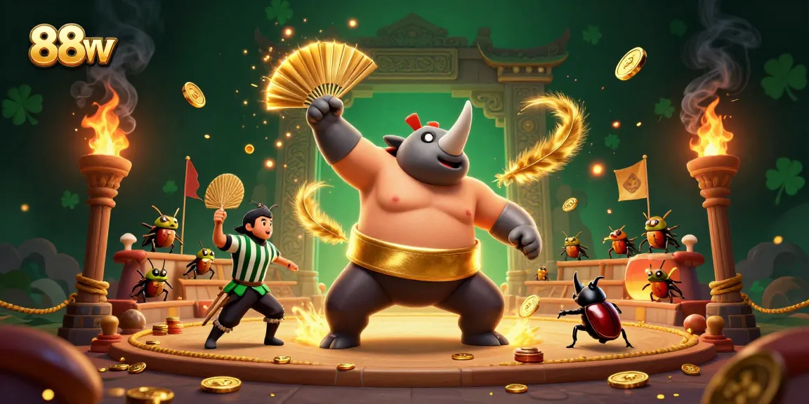 Experience thrilling action at 88vv with a rhinoceros beetle sumo champion amidst golden coins.