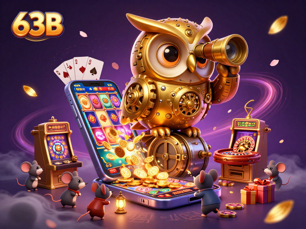 63B apresenta um cassino vibrante com um sábio buho dourado e camundongos patronos jogando às slots