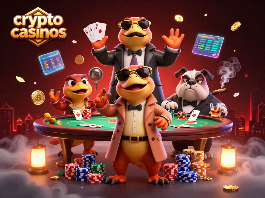Expérimentez l'excitation des crypto casinos avec ce concept illustré amusant des raptors en trench coat.