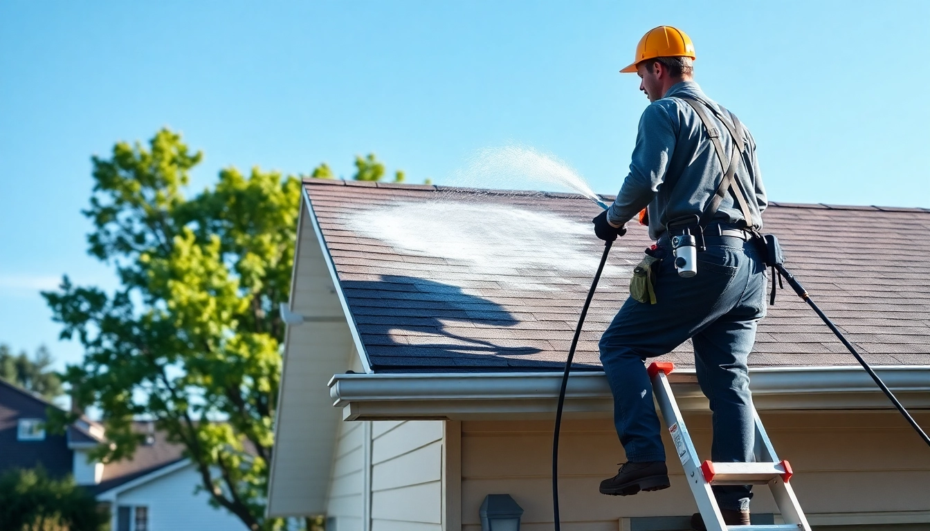 Technician performing roof cleaning on a residential property, showcasing effective methods for roof maintenance.