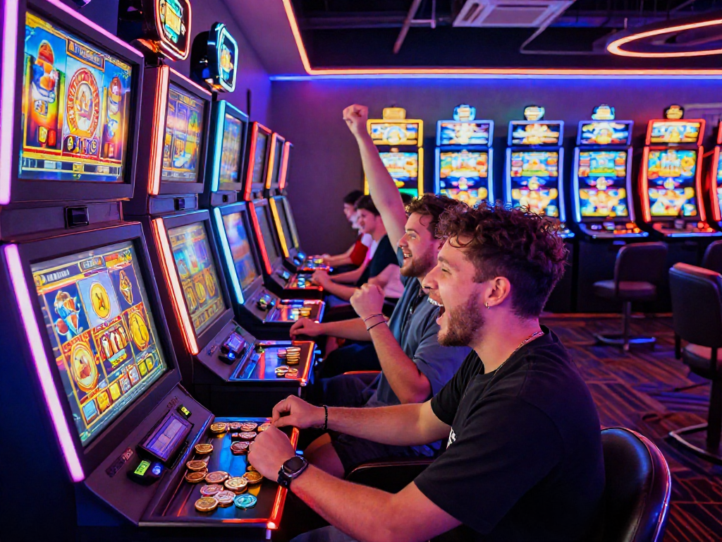 Pemain slot gacor merayakan kemenangan besar dengan koin berkilau di ruangan permainan yang ramai.