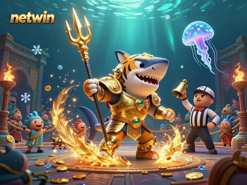 Experience excitement with netwin's underwater colosseum featuring a gladiator shark and cheering fish.