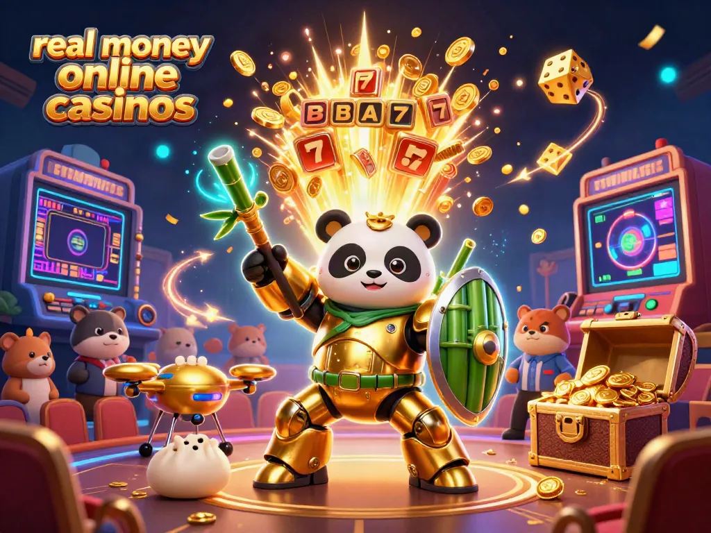 Dynamic scene of real money online casinos with a mech-suit panda fighting robot amid a jackpot explosion and casino elements.