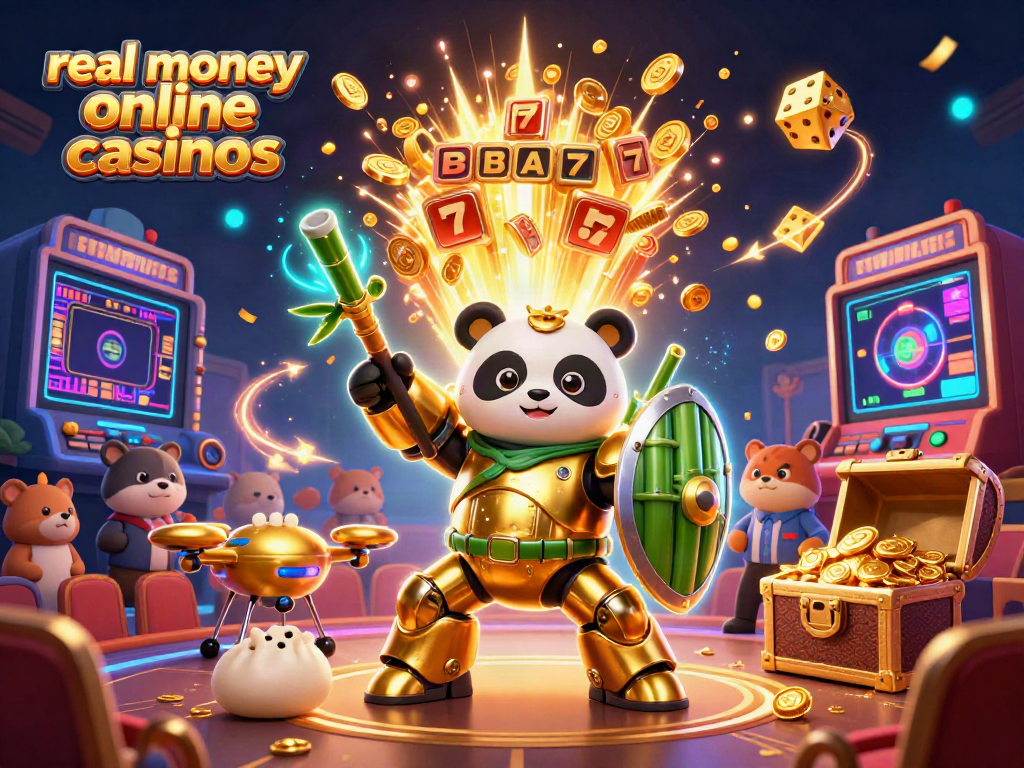 Dynamic scene of real money online casinos with a mech-suit panda fighting robot amid a jackpot explosion and casino elements.
