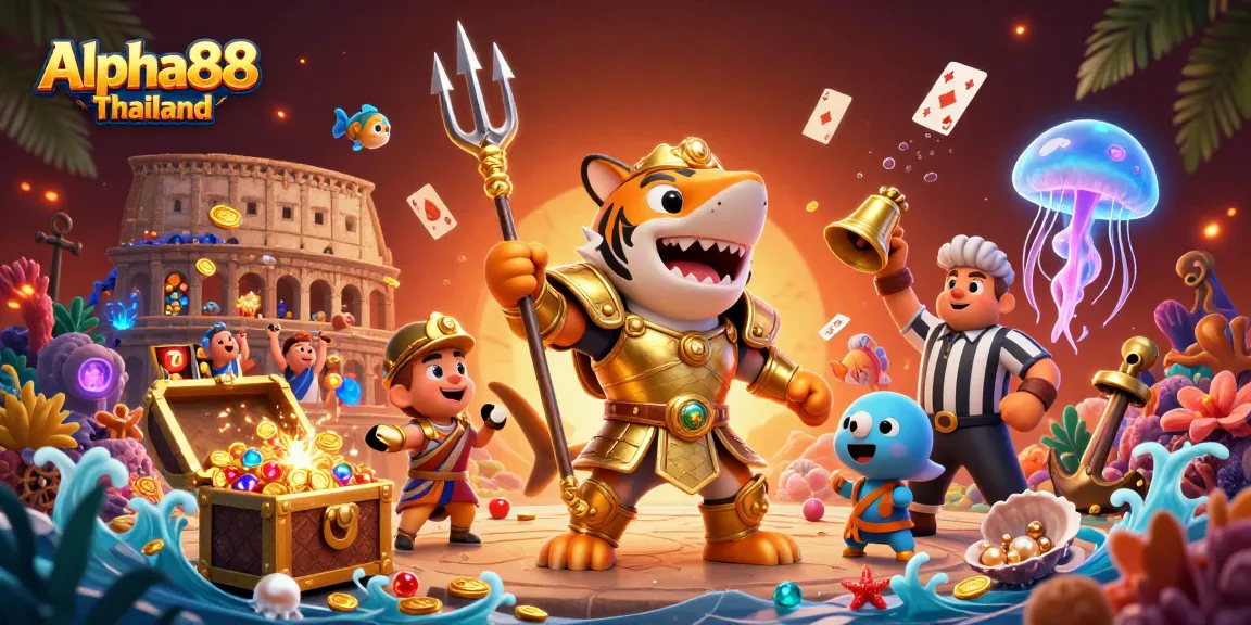 Experience the excitement of Alpha88 Thailand with a vibrant underwater casino scene featuring a tiger shark and lively action.