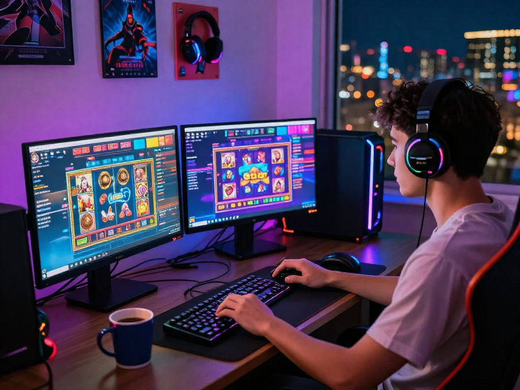 Engaged player enjoying slot gacor games on multiple screens in a modern gaming setup.
