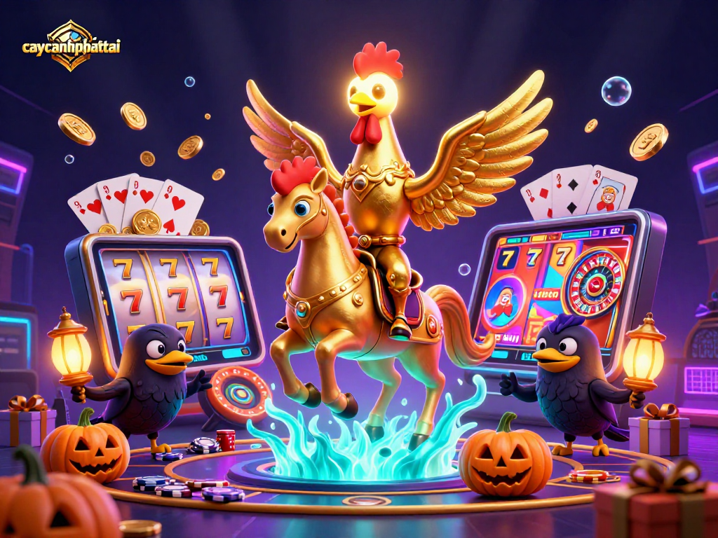 Spin to win with caycanhphattai, featuring a golden rooster and festive casino elements.