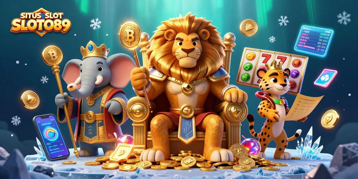 Engage with the thrill of SITUS SLOT SLOTO89 showcasing a fierce lion king with gaming elements and cryptocurrency visuals.