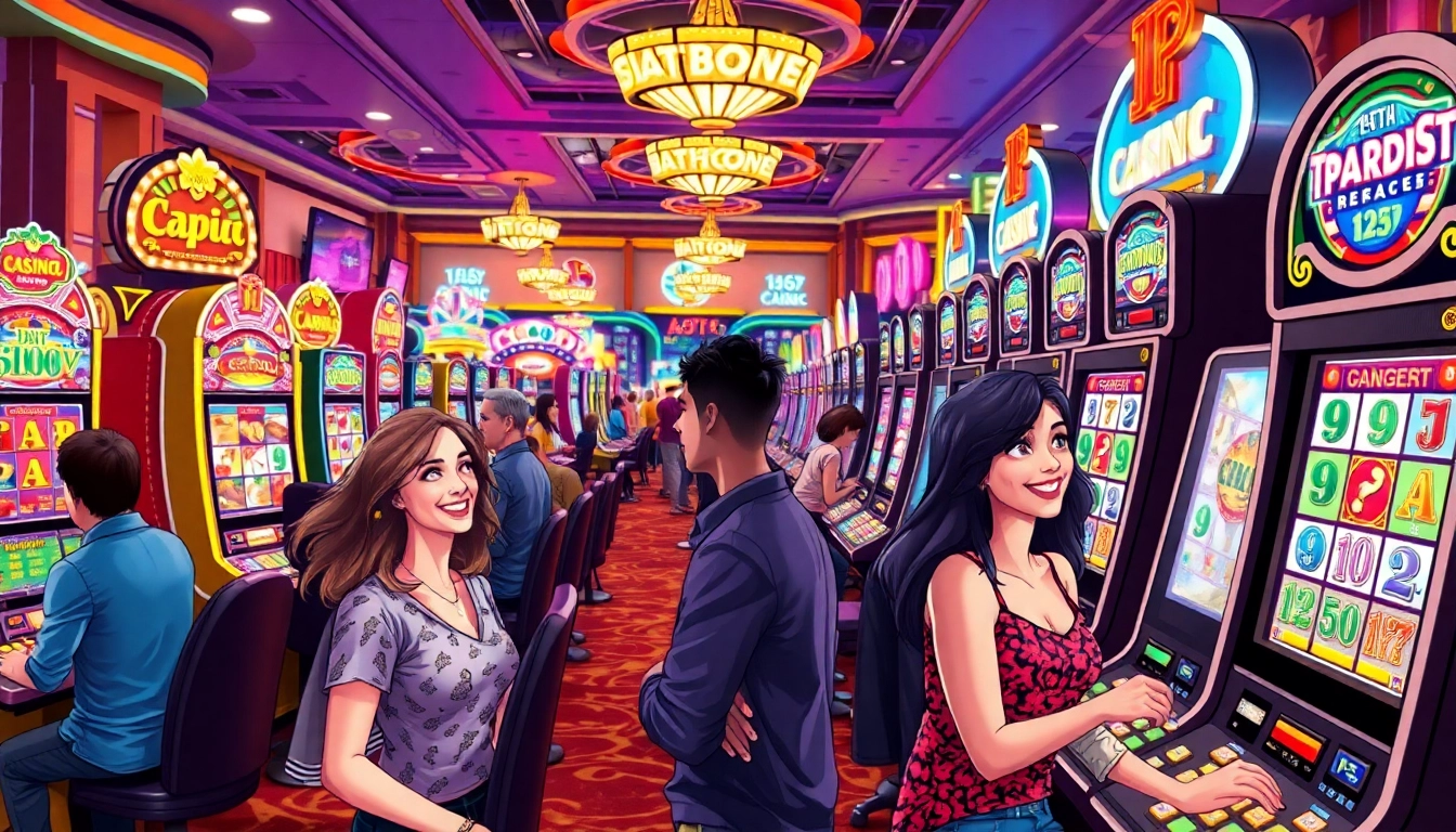 Engaging scene of slot gambling with players thrilled at vibrant slot machines on a lively casino floor.