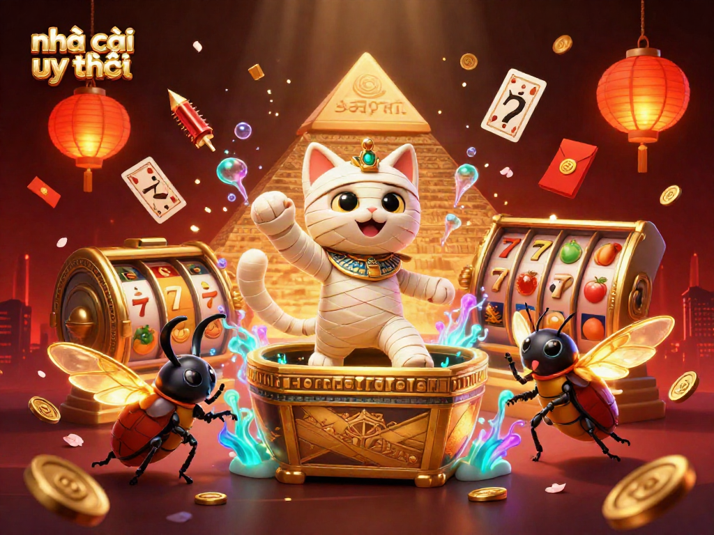 Engage in the adventures of Nhà cái uy tín with a mystical Egyptian gambling scene featuring a mummy cat and rich casino elements.