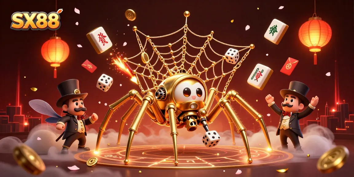 SX88 captivates players with a whimsical 3D casino scene showcasing an intricate golden web and playful characters.