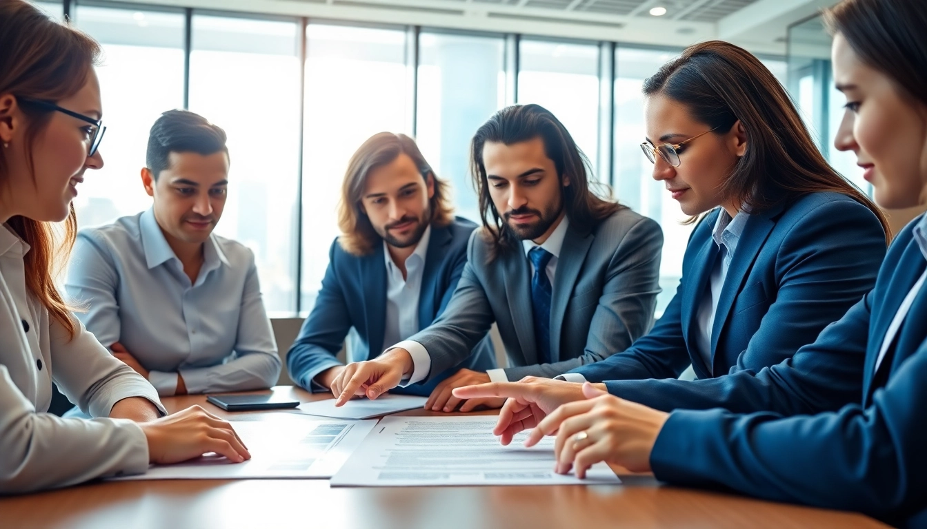 Engaging professionals collaborating on Contract Management. in a modern office.