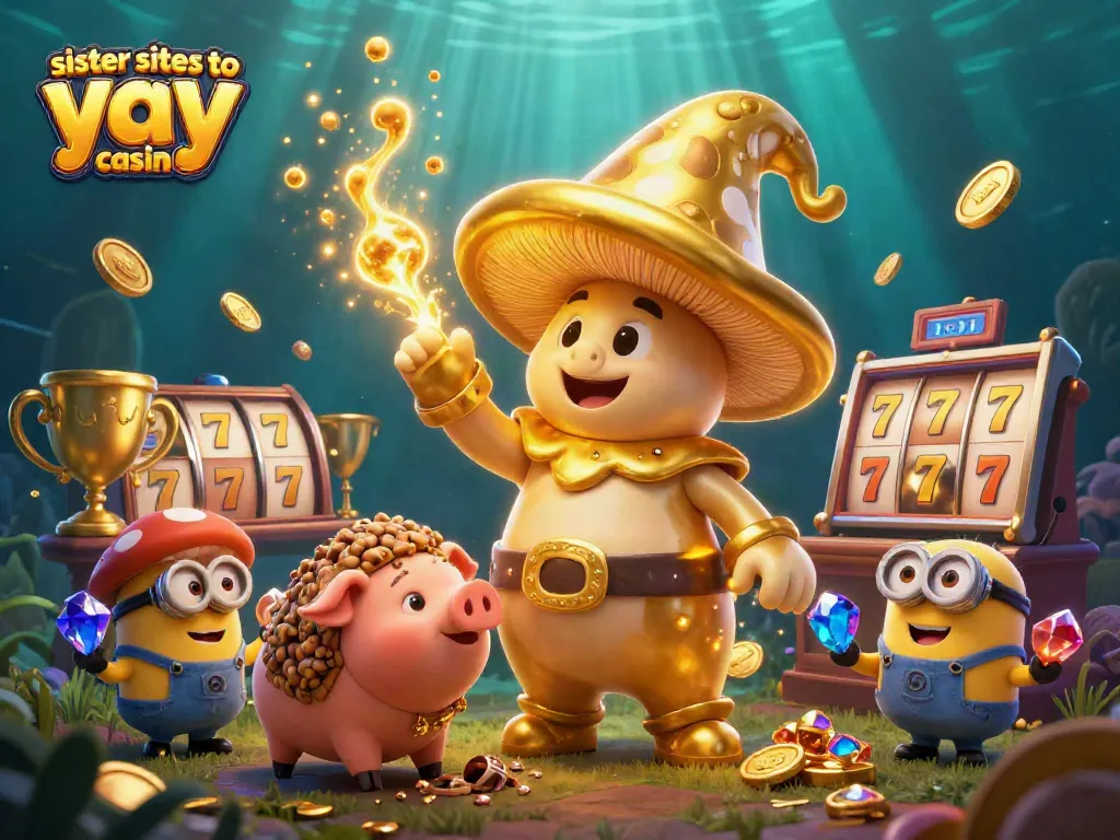 Sister sites to yay casino showcased with a magical scene featuring a golden mushroom wizard and themed slot elements