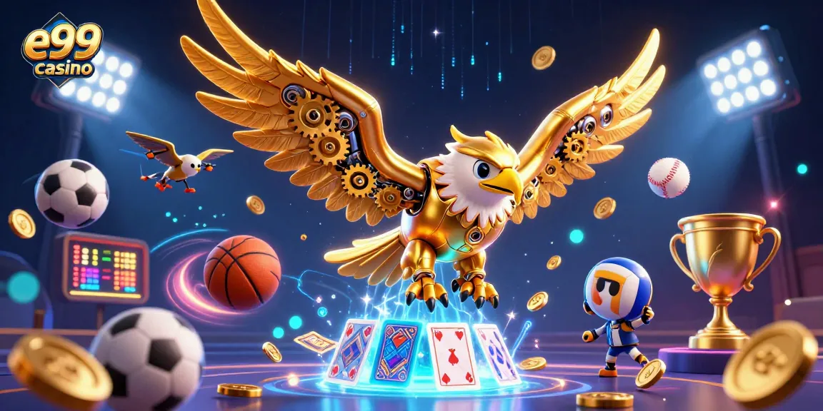 Experience thrilling gameplay at e99 casino with a vibrant 3D illustration of dynamic gaming elements.
